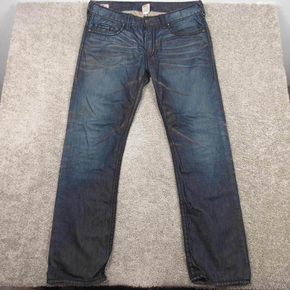 True Religion Jeans Mens 38x34 Made In USA Straight Faded Whisker Denim Pants